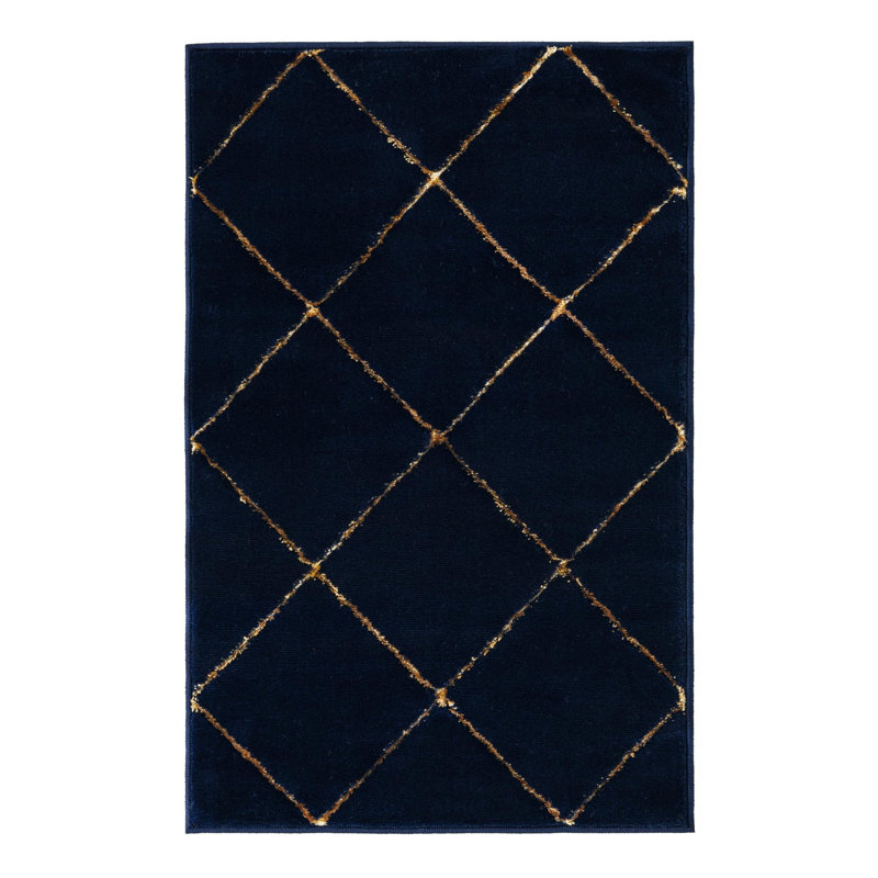 Tapis à carreaux bleu marine et doré Latitude Run®, Rectangle 2 pi x 3 pi 1 po