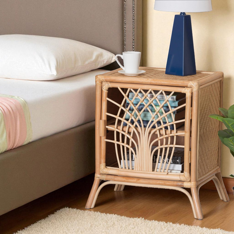 Zane 2-Interior Shelves Natural Brown Rattan Nightstand With Door, 23.41" H X 21.78" W X 15.56" D