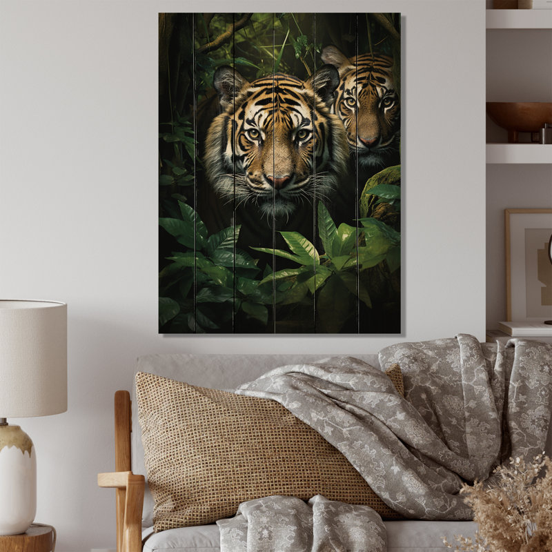Art asiatique, tigres dans la jungle I sur bois, H 40 po x l 30 po x P 0,78 po