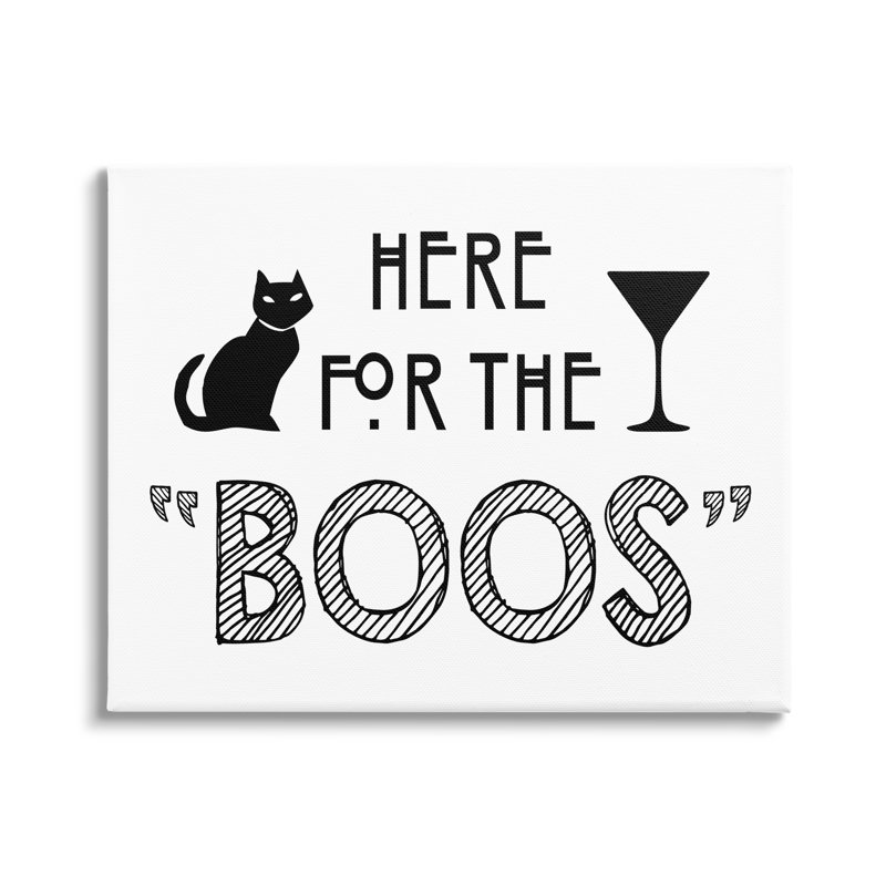 «Here For Boos», typographie d'Halloween, motif de chat noir, estampe numérique encadrée, art texturé par lettres et lignes