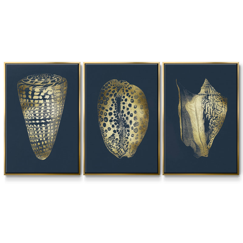 Ensemble de 3 pièces encadrées sur toile, feuille d'or I sur cobalt, Encadrement doré, H 27 po x l 54 po