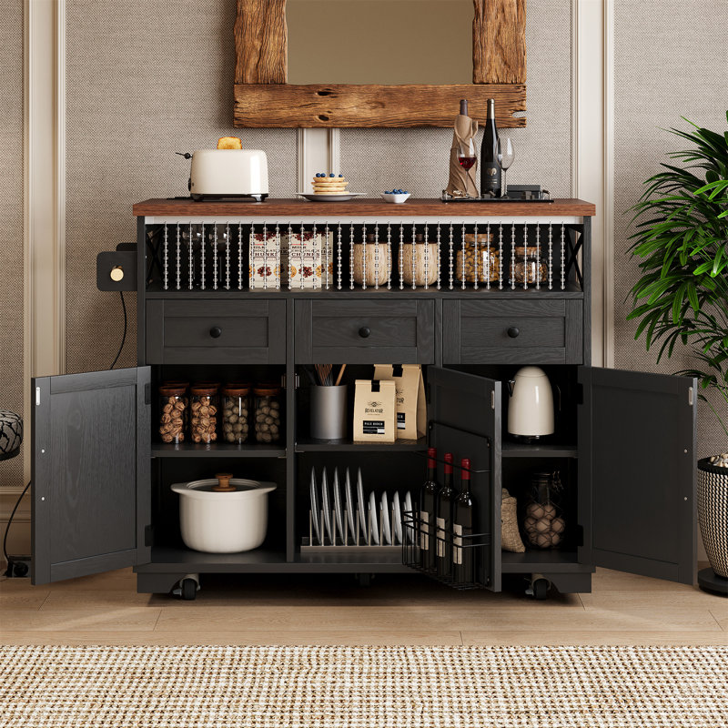 46.5'' Farmhouse Kitchen Island With Drape Of Beads, Black