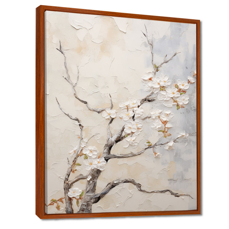 Art mural sur toile minimaliste blanc et gris Cherry Blossom IV, H 32 po x l 24 po, Cadre flottant brun