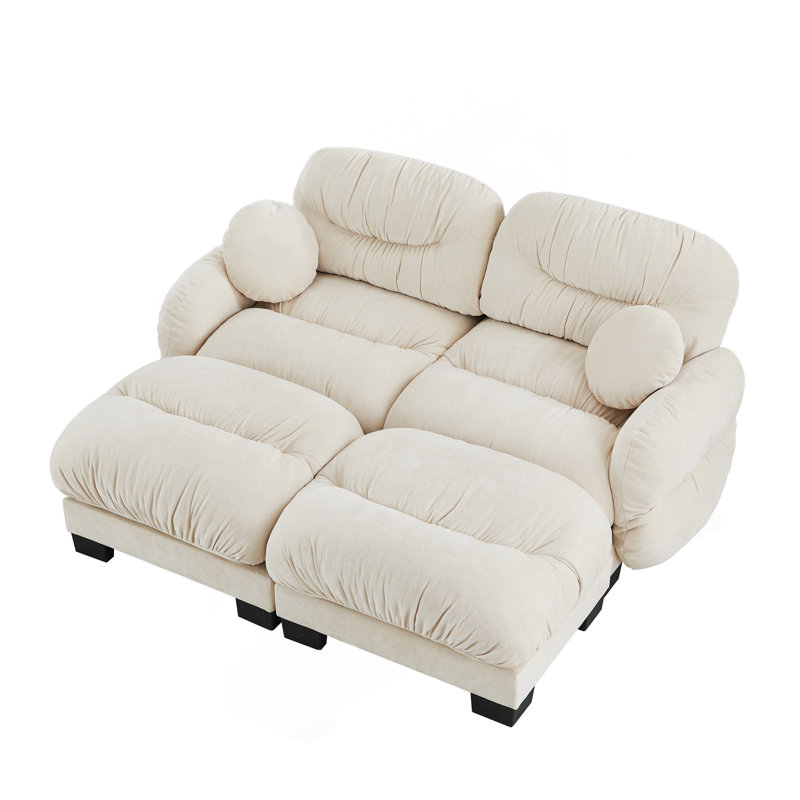 Canapé modulaire confortable à 2 places en tissu de chenille plissé avec siège ergonomique en mousse haute densité, canapé modulaire en forme de L avec 2 repose-pieds, accoudoirs arrondis arrondis et 2 coussins décoratifs ronds