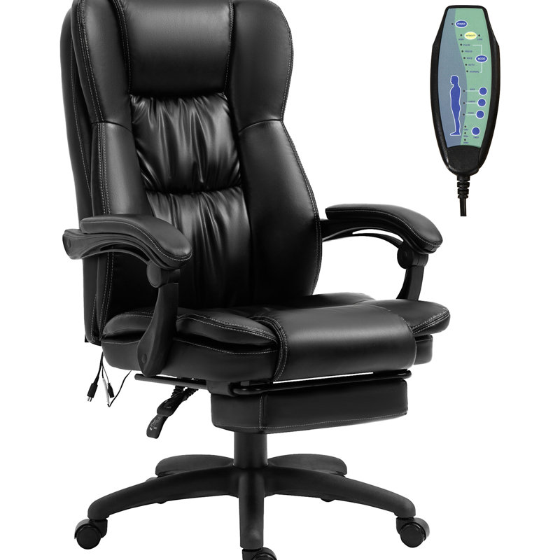 Fauteuil de bureau à 6 vibrations, 5 modes, cuir synthétique, dossier inclinable et repose-pieds rétractable, fauteuil de massage noir réglable avec vibration, dossier, hauteur, rotation à 360 °,