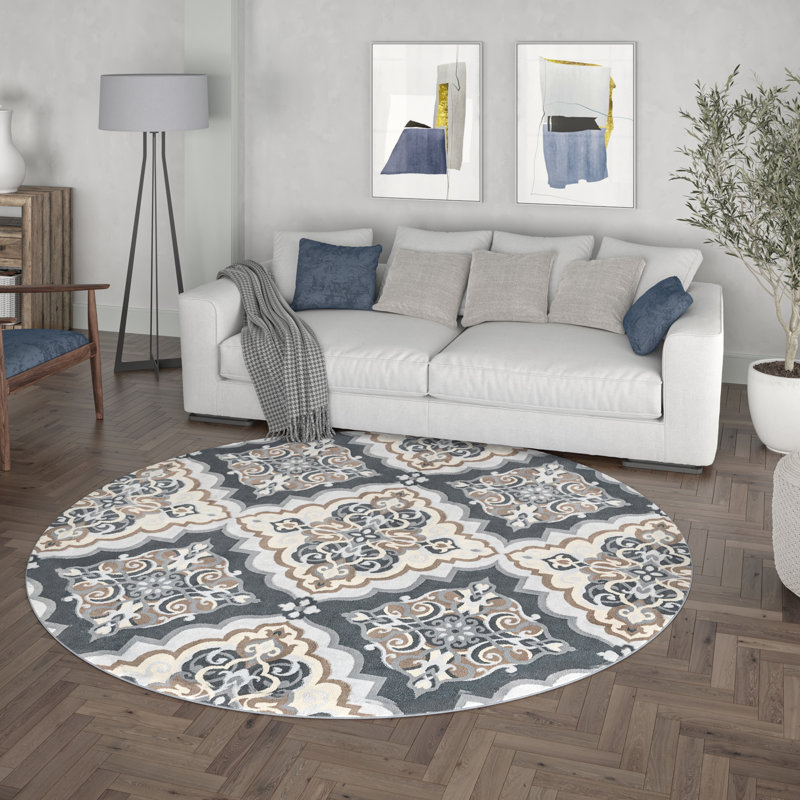 Tapis gris tissé à la machine Tinsman, Rond 5 pi 3 po
