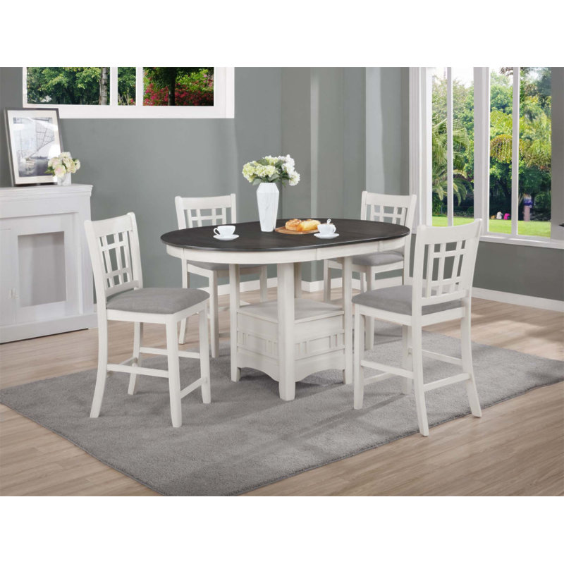 Table de salle à manger extensible à hauteur de comptoir décontractée avec rangement, finition craie bicolore et base piédestal (table seulement)