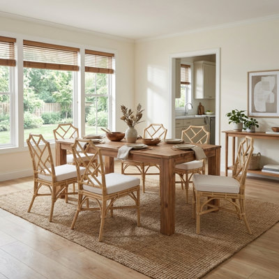 Dining Set - Bedford Rectangular Dining Table - Brushed Brown - Kara Rattan Dining Side Chair - Natural Frame - White Fabric