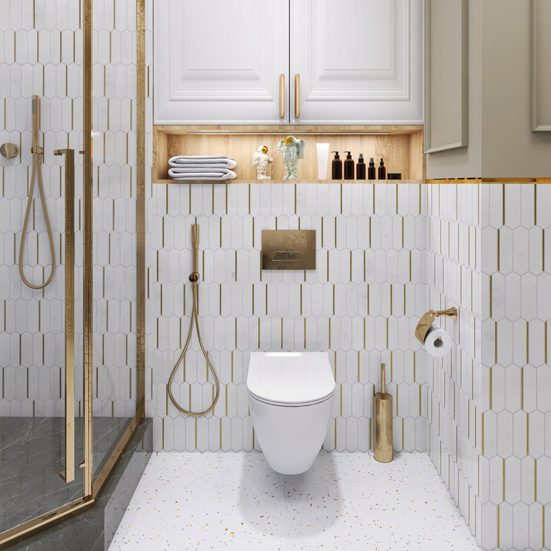 Natural Dorato 1" X 6" Marble Mosaic Wall Tile, White/Gold