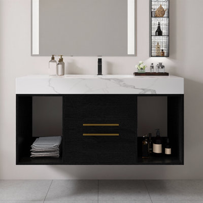 39.4" Modern Floating Bathroom Vanity with Ceramic Sink, Storage Cabinet and Gold Handles