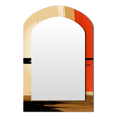 Full Moon Celebration Of Solitude Landscape I - Geometric Arch Mirror, Orange Asymmetrical Decorative Wall Mirror, Printed Metal Art