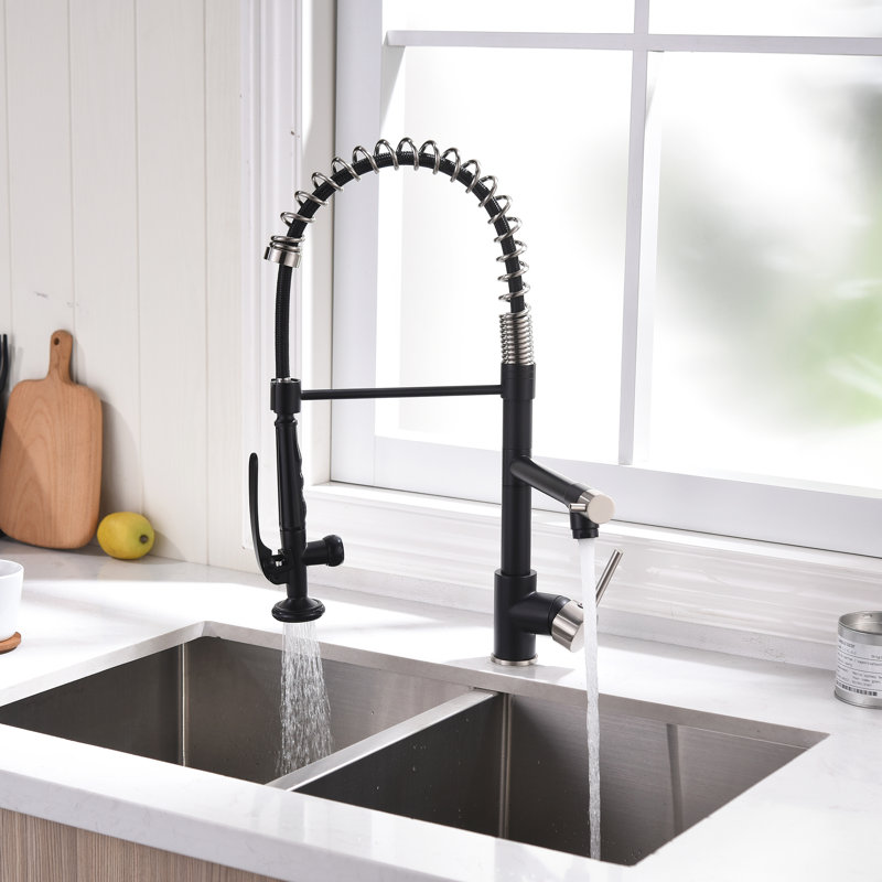 Robinet de cuisine rétractable à poignée simple avec accessoires, Noir / Nickel brossé