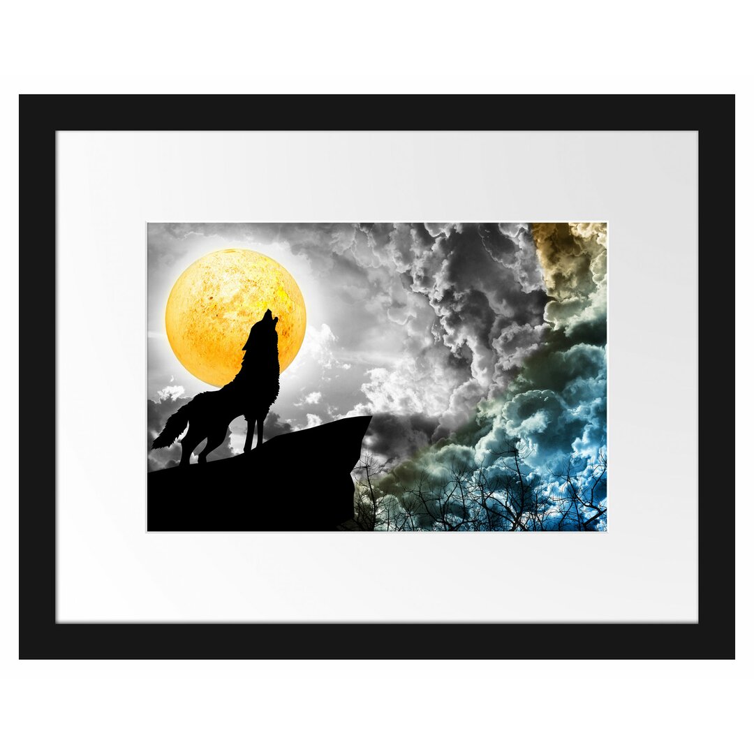 Gerahmtes Poster Mystischer Wolf im Vollmond