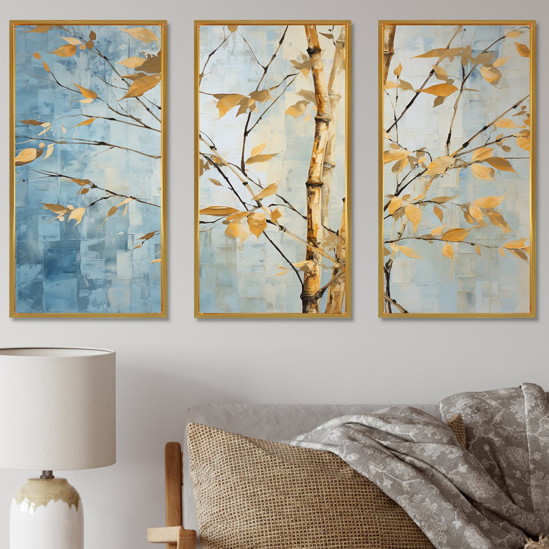 Or et bleu bambou V - ensemble d'art sur toile en bambou, Cadre flottant doré, H 32 po x l 48 po x P 1 po