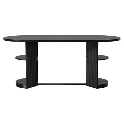 71" 6-Seater Oval Extendable Dining Table with Butterfly Leaf, Dual Side Hidden Storage Shelves, Modern Fluted Iron Pedestal Base, Melamine MDF Top, B