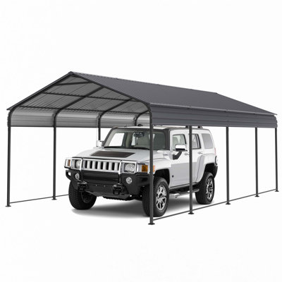 Abri de voiture en métal 12 po x 20 pi robuste avec toit en acier galvanisé, auvent de garage en métal avec toit et cadre en acier galvanisé, abri de rangement extérieur pour voiture, bateau et camion