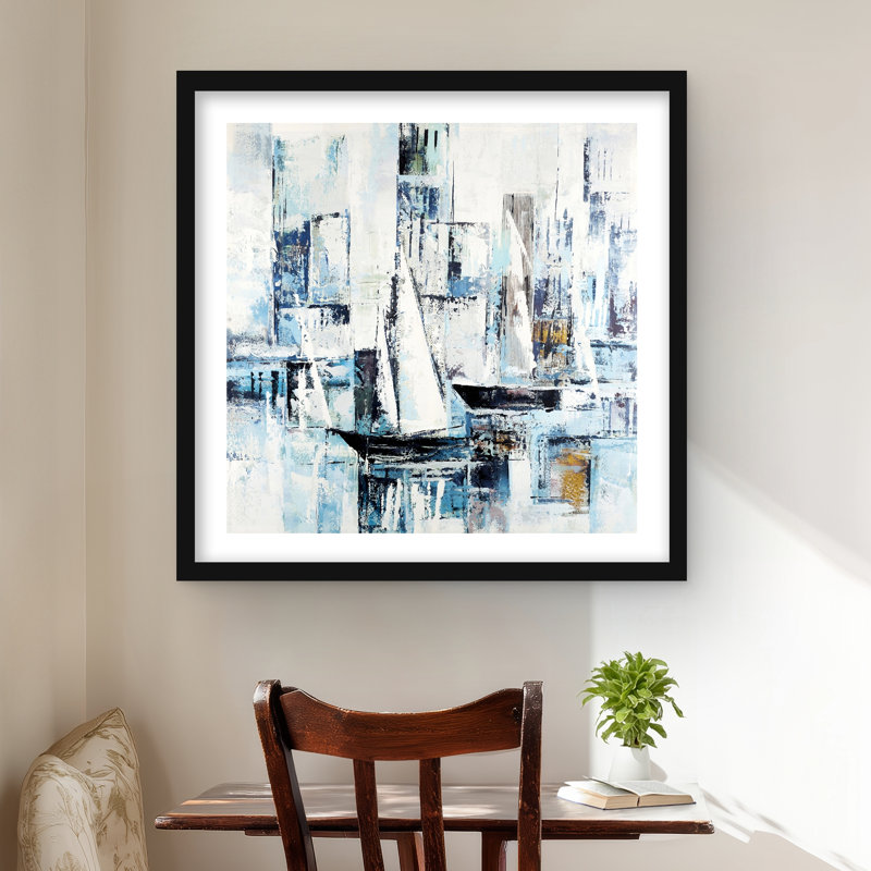 Formes abstraites et bateaux - Décoration moderne encadrée avec passe-partout, H 24 po x l 24 po, Noir