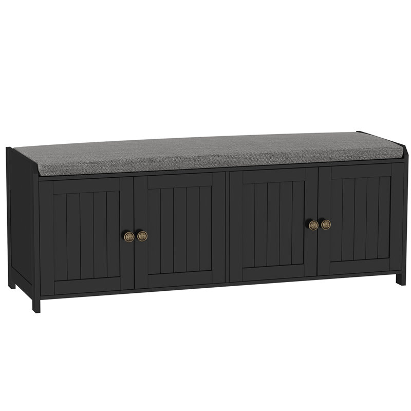 Linen Blend Upholstered Storage Bench, Black