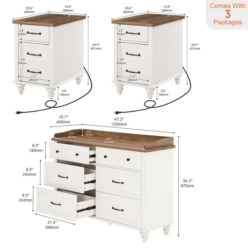 Ensemble 3 pièces de commode et table de chevet Alixia, table de chevet et commode de style Mid-Century moderne, Brun / blanc