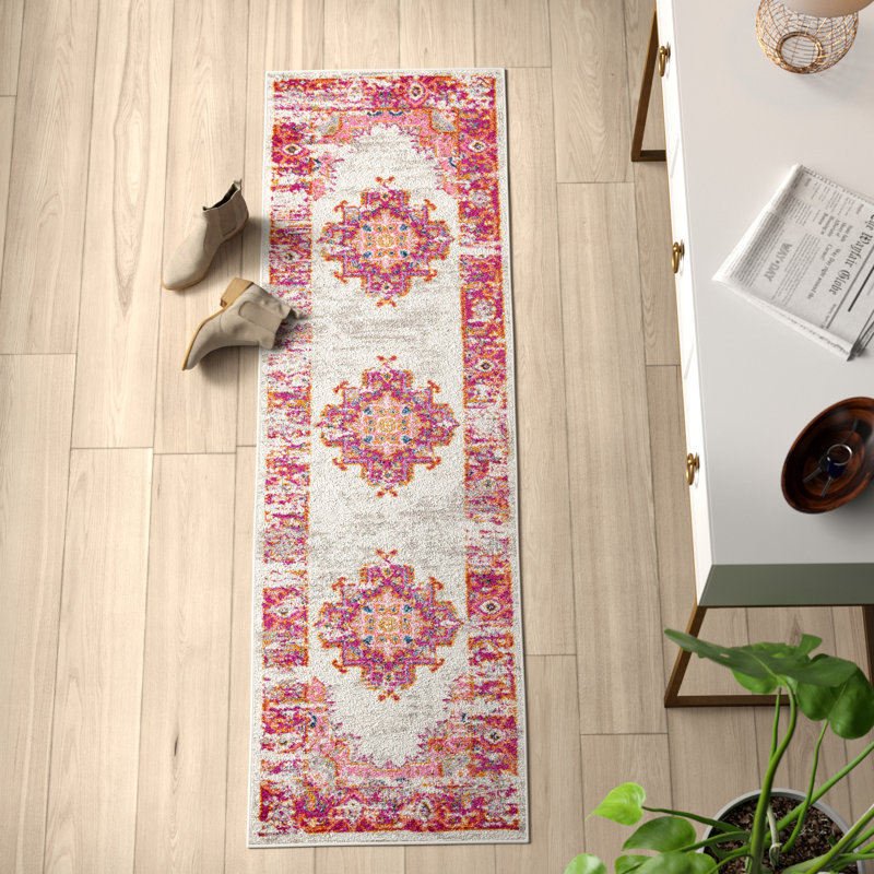 Tapis intérieur oriental ivoire / rose Abbate, Tapis de couloir 2 pi 2 po x 10 pi