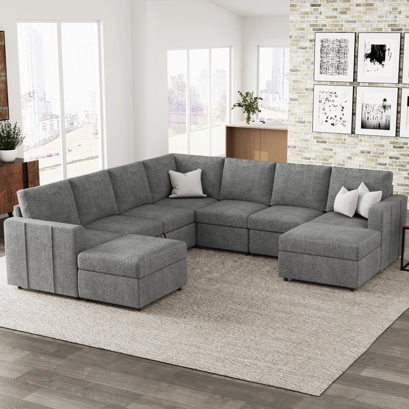 Canapé modulaire en L Aubade de L 107 po avec 2 repose-pieds avec rangement, Chenille gris pâle