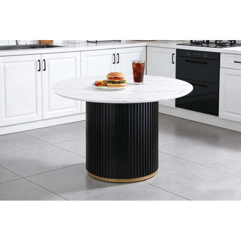 Ensemble de table de salle à manger moderne 46 po pour 4 personnes, plateau en faux marbre avec base en métal noir Wave et accent doré, parfait pour la petite cuisine et la salle à manger