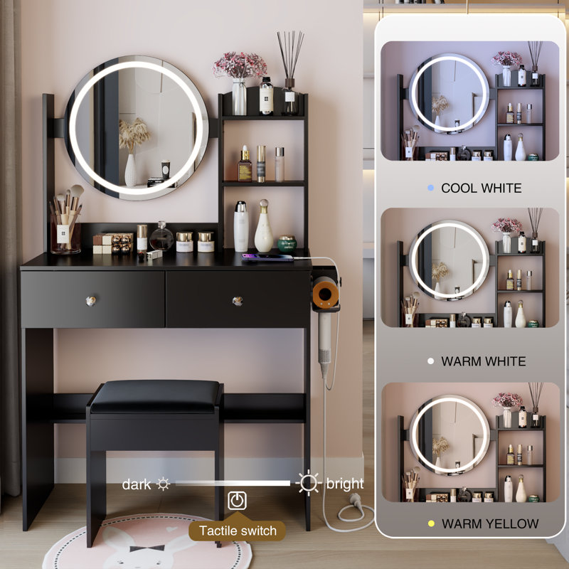LED Vanity Table Set / Cushioned Stool Round Touch Mirror,Power Outlets & Multi-Layer Storage, Black