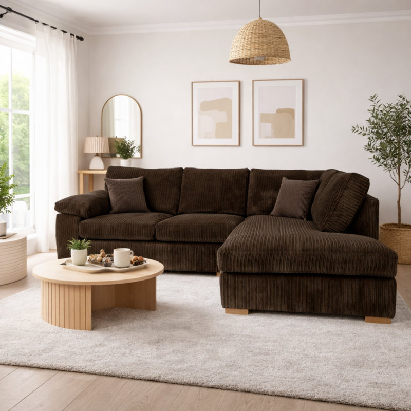 4 Seater Corduroy Sofa & Chaise, Right Hand Facing, Brown