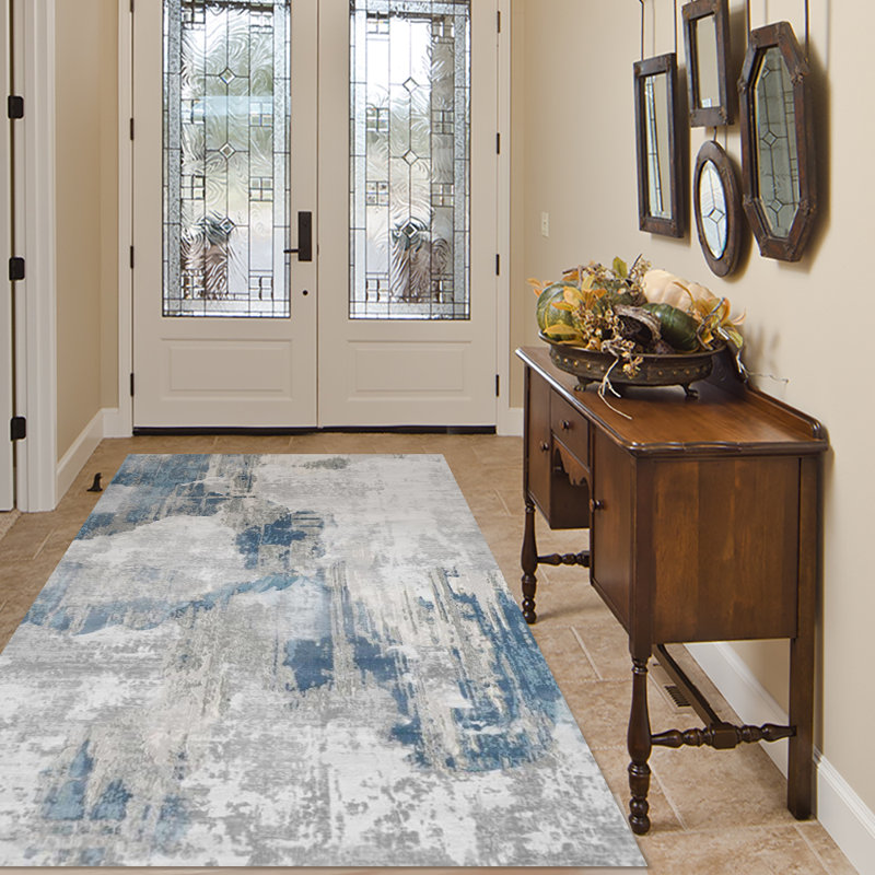 Modern Abstract Area Rug, Blue Grey Distressed Carpet with Non-Slip Backing, Stain-Resistant Durable Rug for Entryway, Living Room, Bedroom, Home Office (Multiple Sizes)