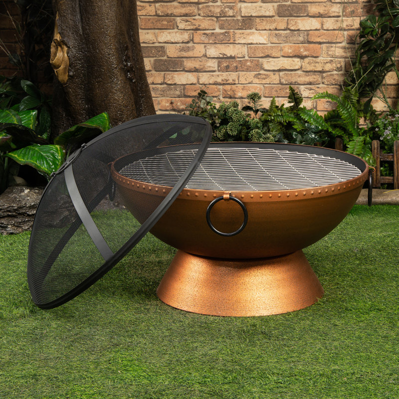 Bronze Round Steel Wood Burning Fire Pit with Spark Screen