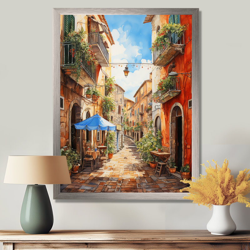 «Italian Village Essence 1», art mural Italie, H 20 po x l 12 po x P 1 po, Cadre flottant doré