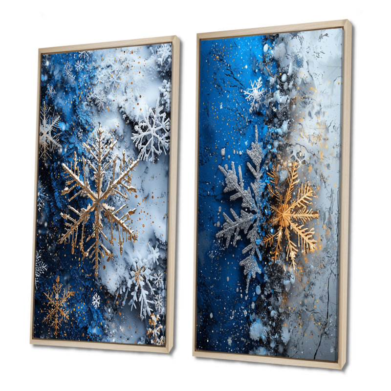 «Blue Christmas Snowflake Beauty I», ensemble d'art mural de Noël 2 pièces, H 28 po x l 24 po, Cadre flottant érable