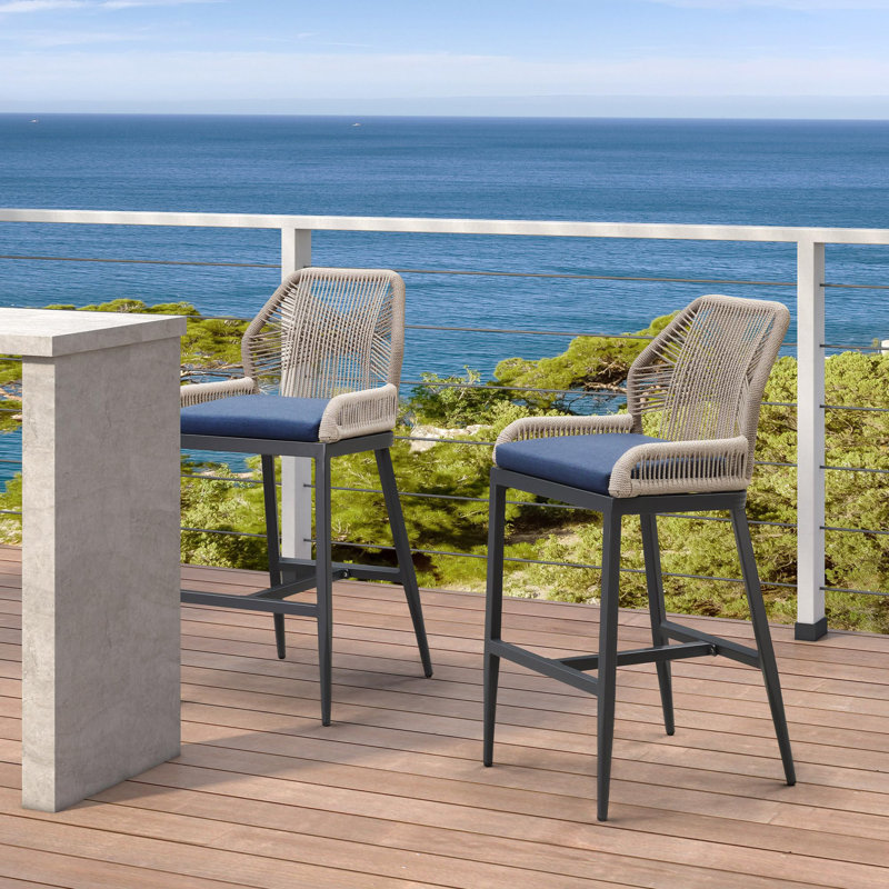 Purple Leaf Patio Upcycled Fabric Bar Stools 28" H Set Of 2 Handwoven Wicker Bar Height Stool Modern Aluminum High Bar Chairs Outdoor Wicker Barstools With Back And Cushion For Kitchen Pool Island