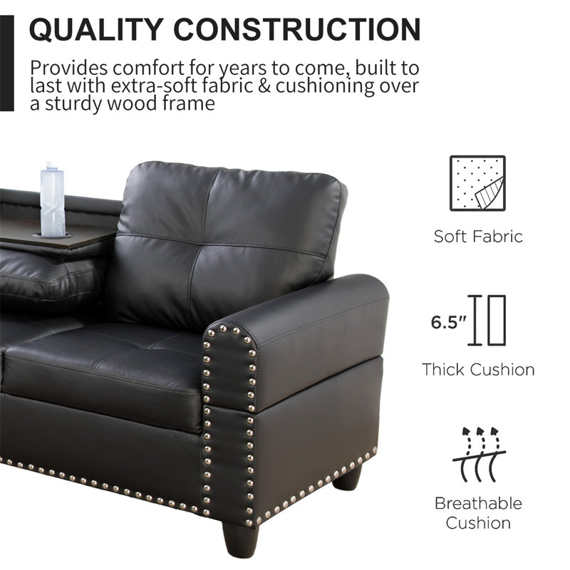 Plyler 97.2" Wide Modular Sectional with Ottoman, Black Faux Leather, Left Hand Facing