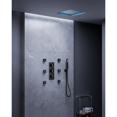 Système de douche thermostatique à pluie, pomme de douche à DEL 12 po avec douchette au plafond