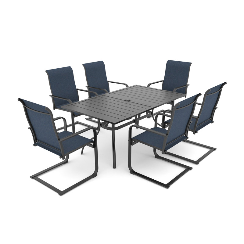 6 - Person Patio Dining Set With C-spring Dining Armchairs, Blue