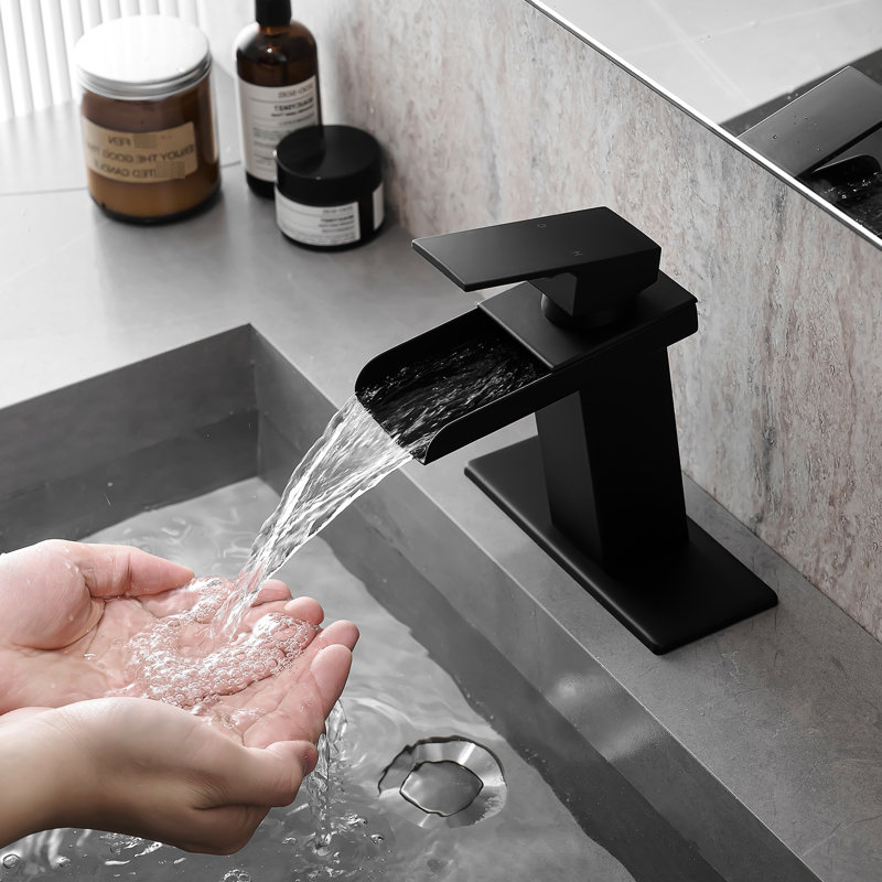 Handle Deck Plate Bathroom Faucet, Black Waterfall, One Handle, Solid Brass Cartridge Valve Waterfall, Black