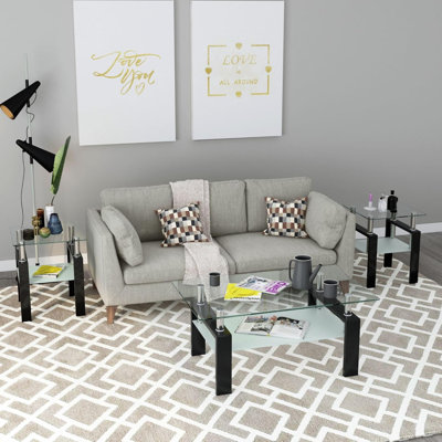 3 Pieces Living Room Table Set, Coffee Table Set of 3 Modern Rectangle Tempered Glass Coffee Table (3, Transparent) by Wrought Studio