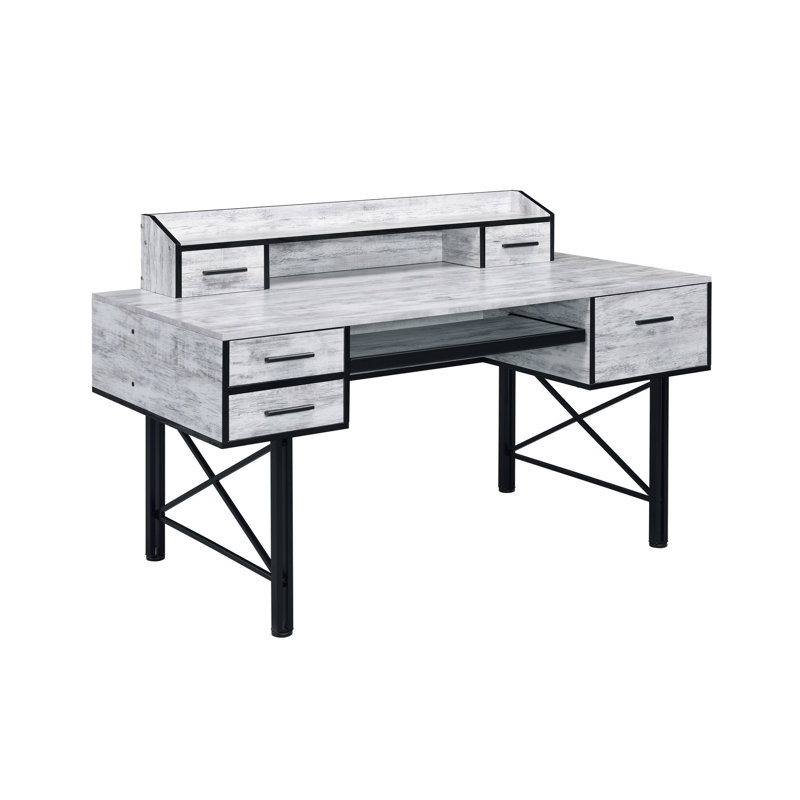 Rectangular Computer Desk With Metal Base, Antique White & Black 5 Shelf,