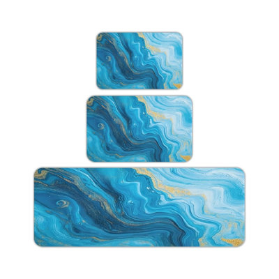 3 Piece Teal Blue Gold Marble Kitchen Standing Mat