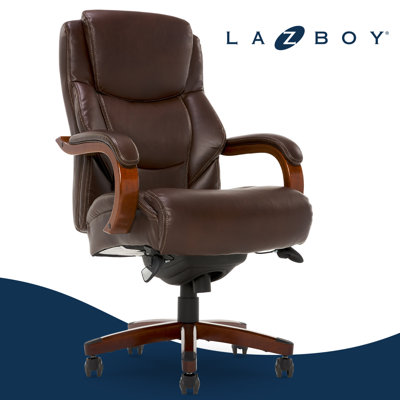 La-Z-Boy Delano Big & Tall Executive Office Chair, Ergonomic Mid-Back with Body Pillow Lumbar Support, ComfortCore with Memory Foam Cushion, Mahogany Wood Arms and Swivel Base, Bonded Leather