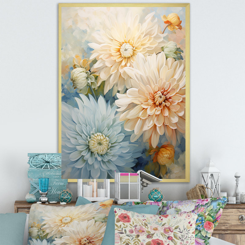 «Blooming White Mums» sur fond bleu I sur toile, H 44 po x l 34 po x P 1,5 po, Cadre doré simple