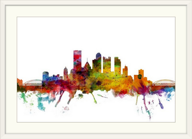 «Pittsburgh Pennsylvania Skyline» par Francy, impression, Cadre blanc, H 20 po x l 26 po x P 1 po