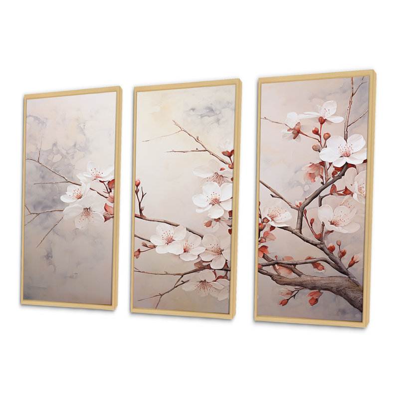 Minimalisme, cerisier en fleurs beige - ensemble d'art mural fleur de cerisier, H 28 po x l 36 po x P 1 po