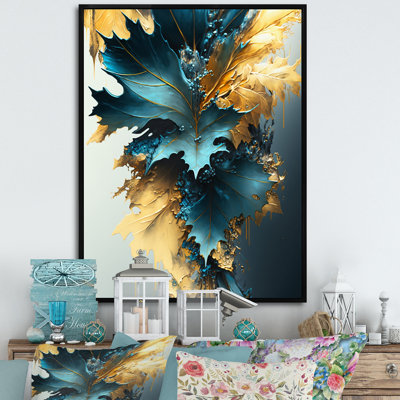 Abstrait bleu et feuilles d'or II - feuilles, art mural