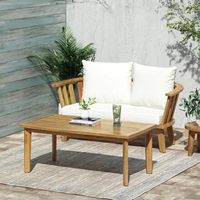 Ensemble de conversation d'extérieur en bois d'acacia pour 2 personnes avec coussins et table basse pour porche, jardin, cour arrière, balcon, finition teck, blanc
