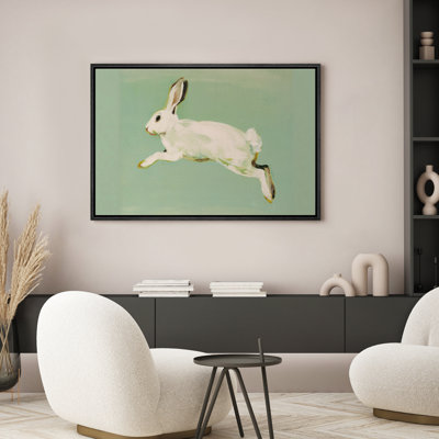 Whimsical White Rabbit Animal Wall Decor for Nursery Bedroom Framed Canvas Master Bedroom Wall Art Work Print