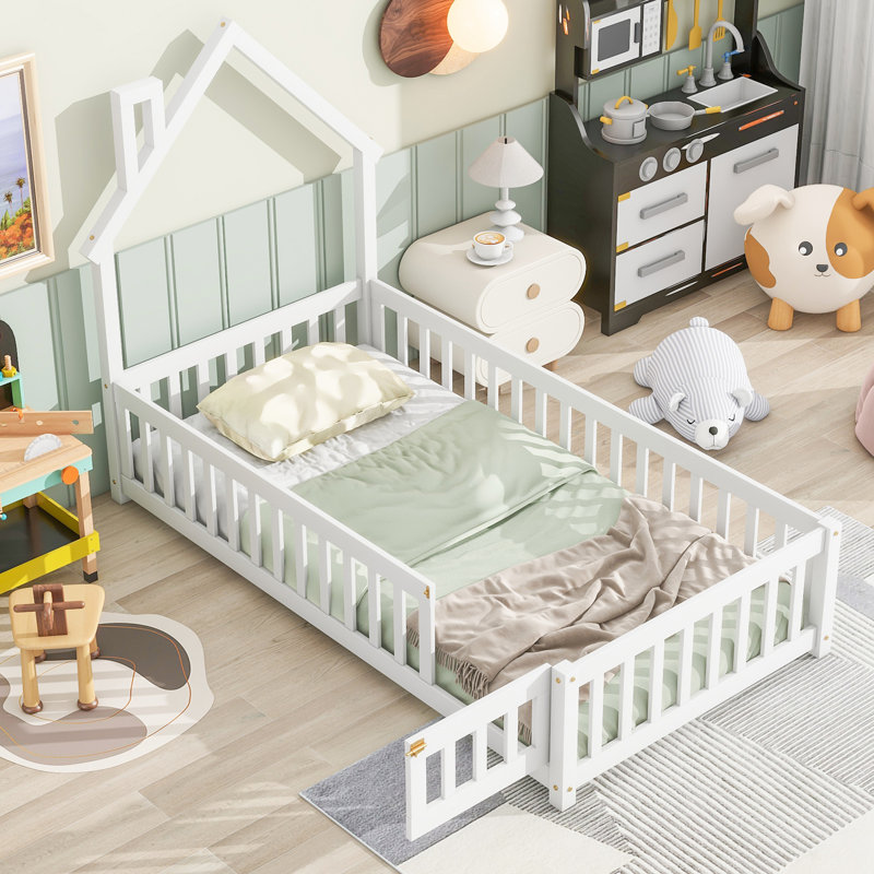Montessori Toddler Floor Bed Frame, Modern House-Shaped Pine Wood Design with Guardrails & Fence-Style Headboard, White, Twin