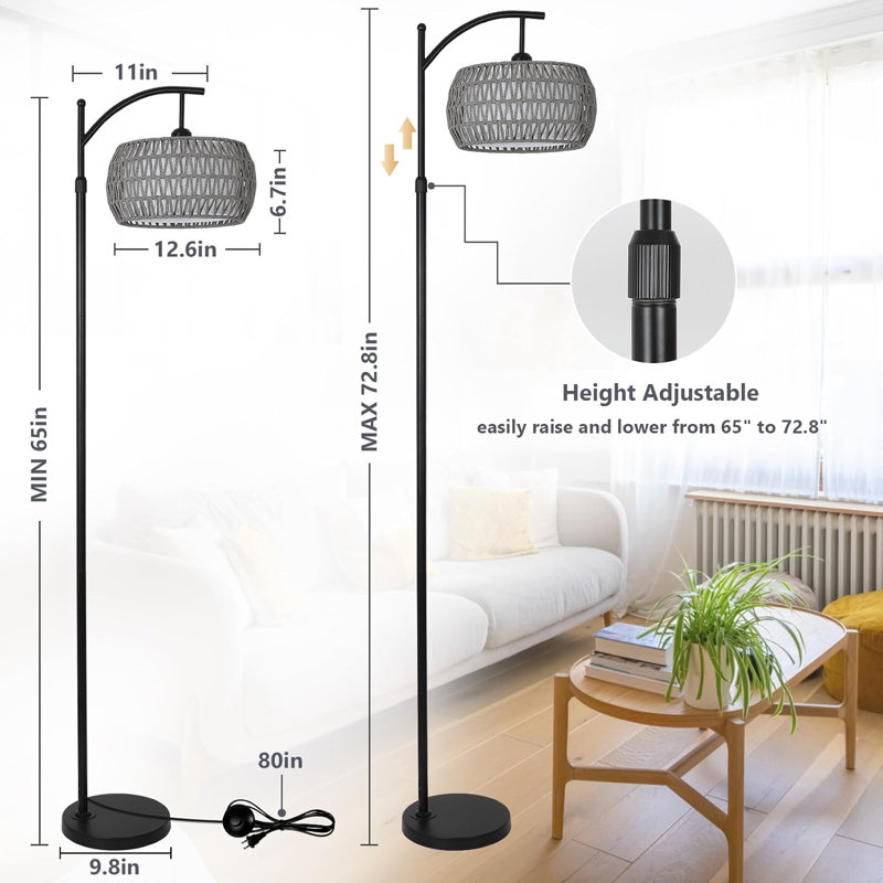 Boho Floor Lamp With Remote & Smart LED Bulb, Rattan Height Adjustable Standing Lamp For Bedroom Living Room Office