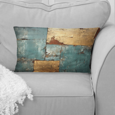 Kintsugi Retro Glam Vintage Gold On Turquoise I - Abstract Geometric Printed Throw Pillow